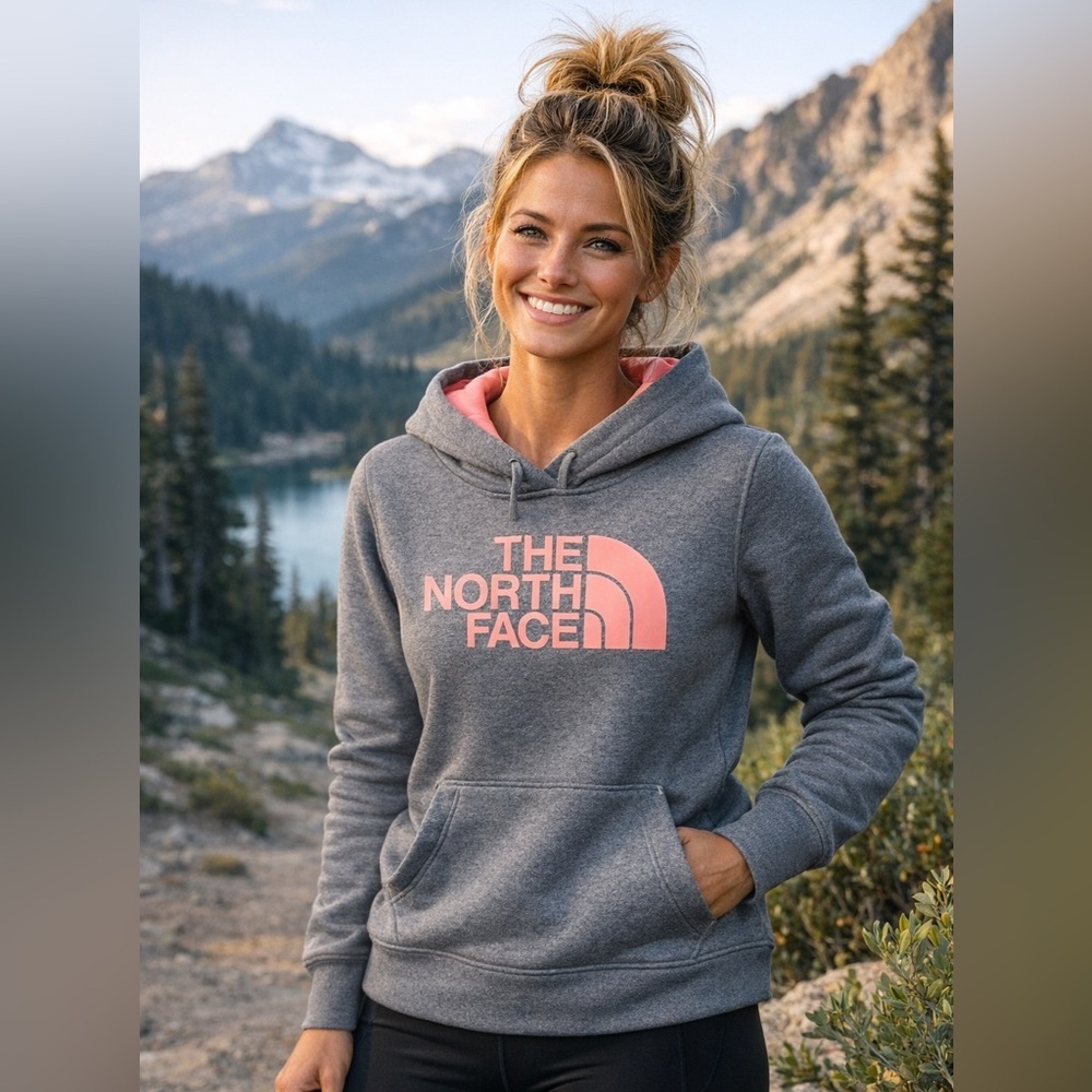 The North Face Women's Charcoal and Coral Hoodie